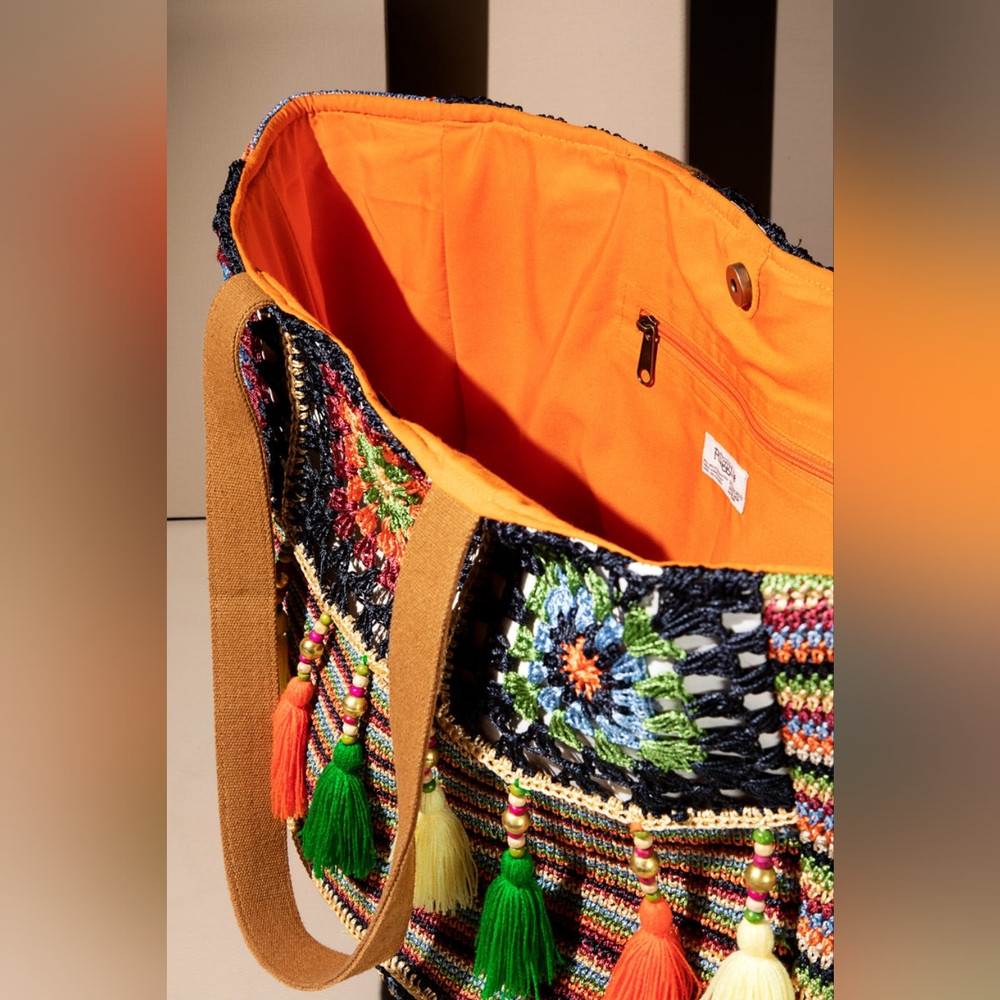 Vibrant Floral & Striped Hand Crocheted Shoulder Bag w/ Colorful Tassel Accents - Picture 8 of 11
